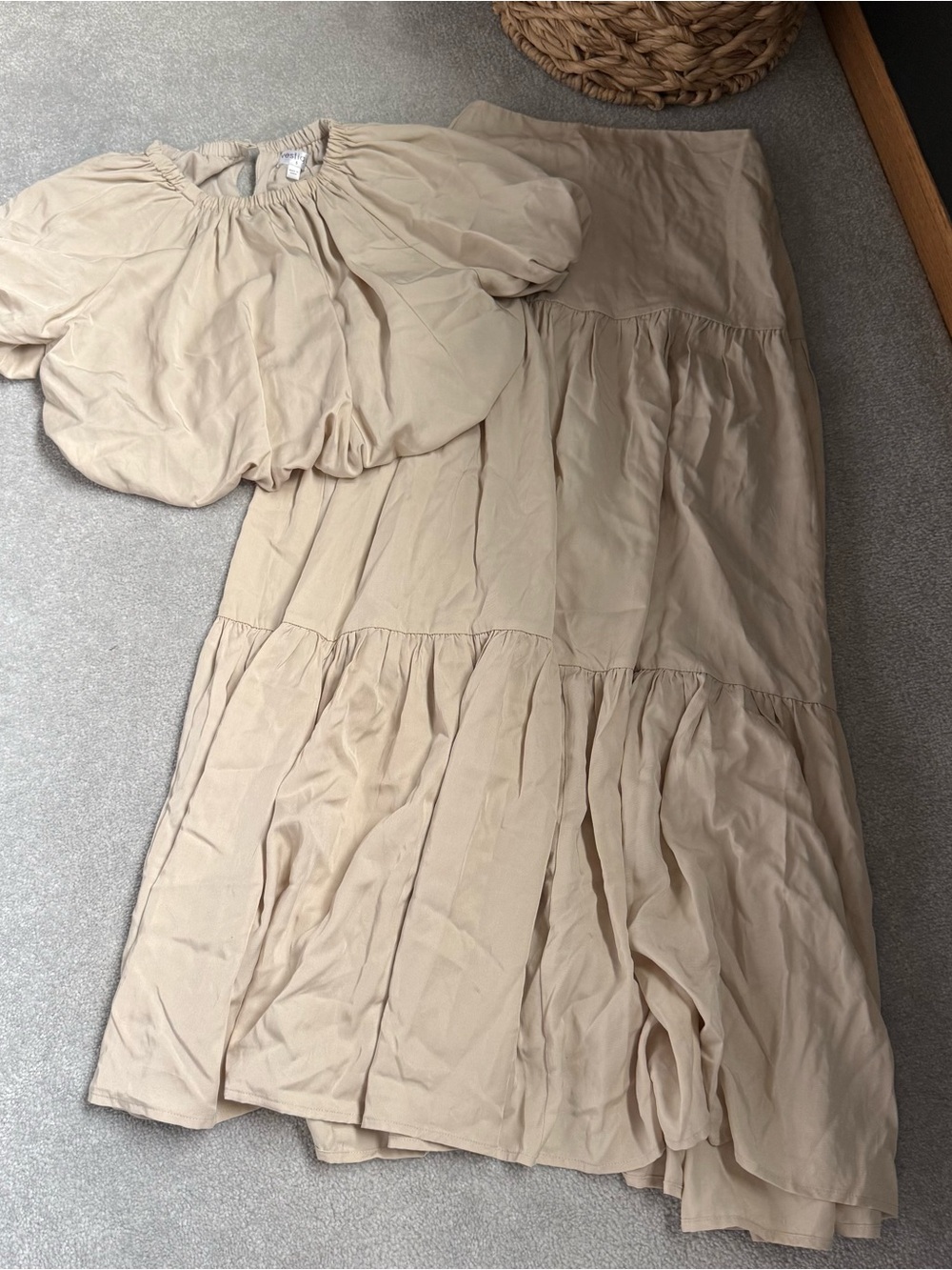 vestique Beige Peasant Blouse with Elastic Neckline & Maxi Skirt